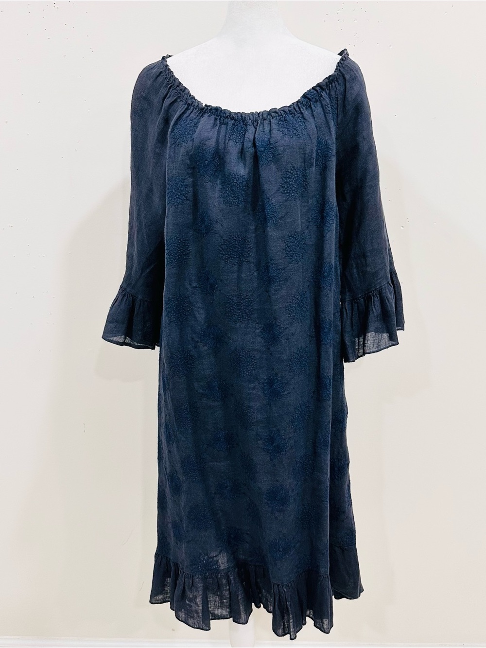 M Made in Italy 100% Linen Off Shoulder Dress Navy Blue Ruffle Sleeve Size M
